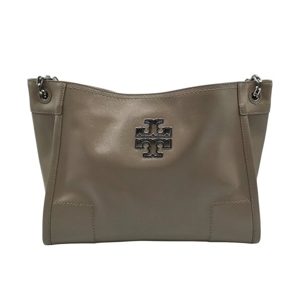 Tory Burch Taupe Patent Leather Britten Slouchy Shoulder Bag With Wallet - Picture 1 of 12
